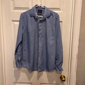 C-LAB NYC Mens Blue Print Long Sleeve Button Down Shirt 4 Way Stretch L 18 34-35